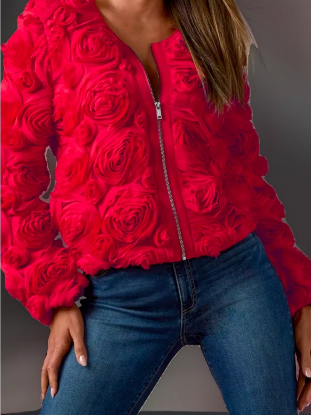 Boston Proper Red Floral Rosette Zip Bomber Jacket